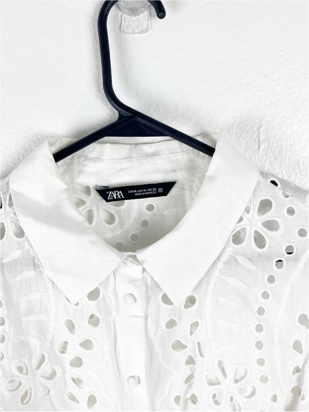 ZARA 100% Cotton White Eyelet Button Long Puff Sleeves Crop Top XL Boho Neutral